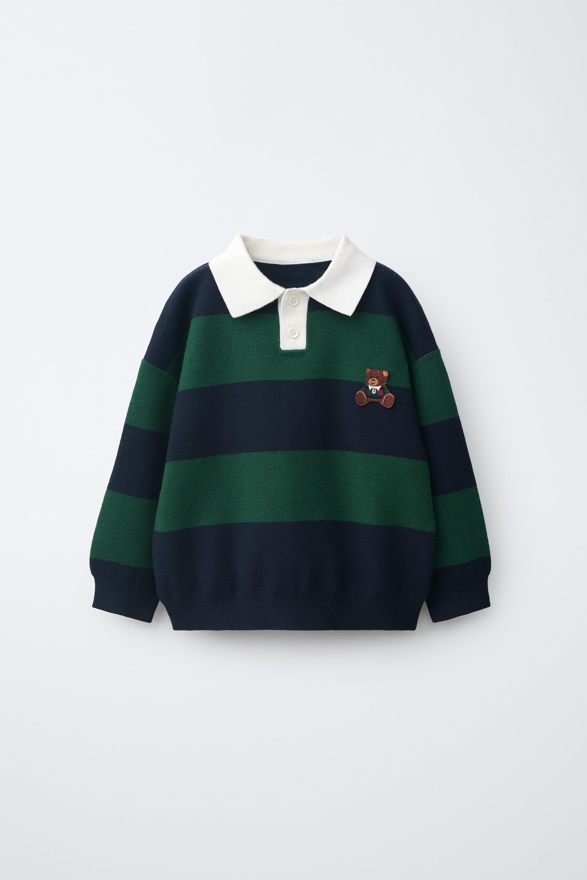 STRIPED KNIT POLO WITH BEAR PATCH — Green stripe
