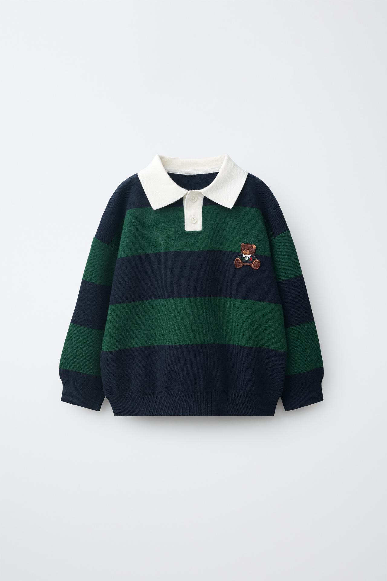 STRIPED KNIT POLO WITH BEAR PATCH — Green stripe