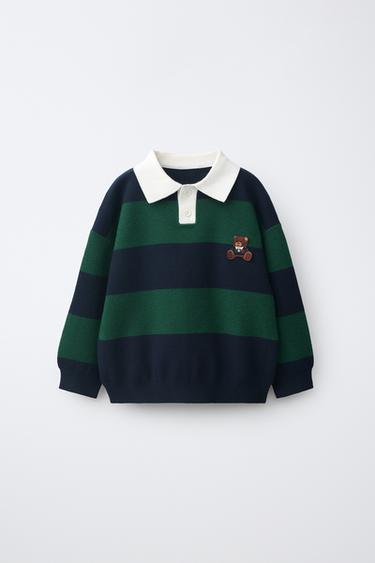 STRIPED KNIT POLO WITH BEAR PATCH - Green stripe by Zara