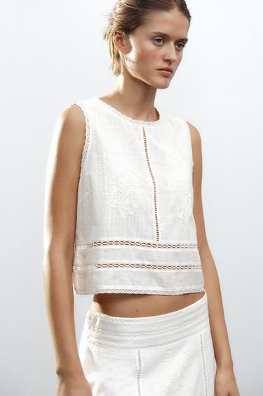 Zara EMBROIDERED TOP ZW COLLECTION - Ecru