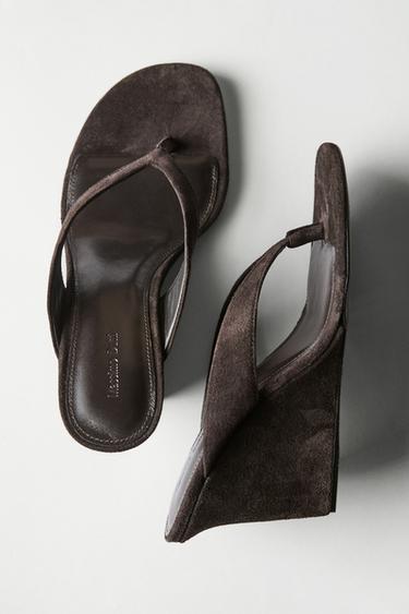 Zara Split leather high-heel wedge sandals - Brown - Image 0