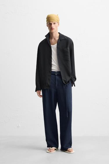 بنطلون 100% من الكتان بحزام - أزرق الخاص بـ Zara