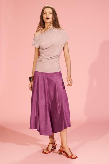 LIMITED EDITION ASYMMETRIC SUEDE LEATHER MIDI SKIRT - Pink by Zara