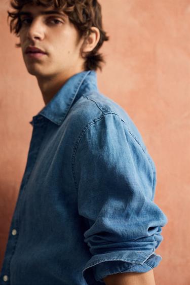 REGULAR FIT 100% LINEN SHIRT - Dark indigo by Zara