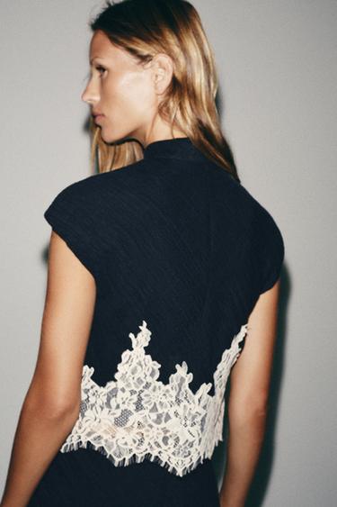 LACE-TRIMMED CROP TOP - Navy / White by Zara