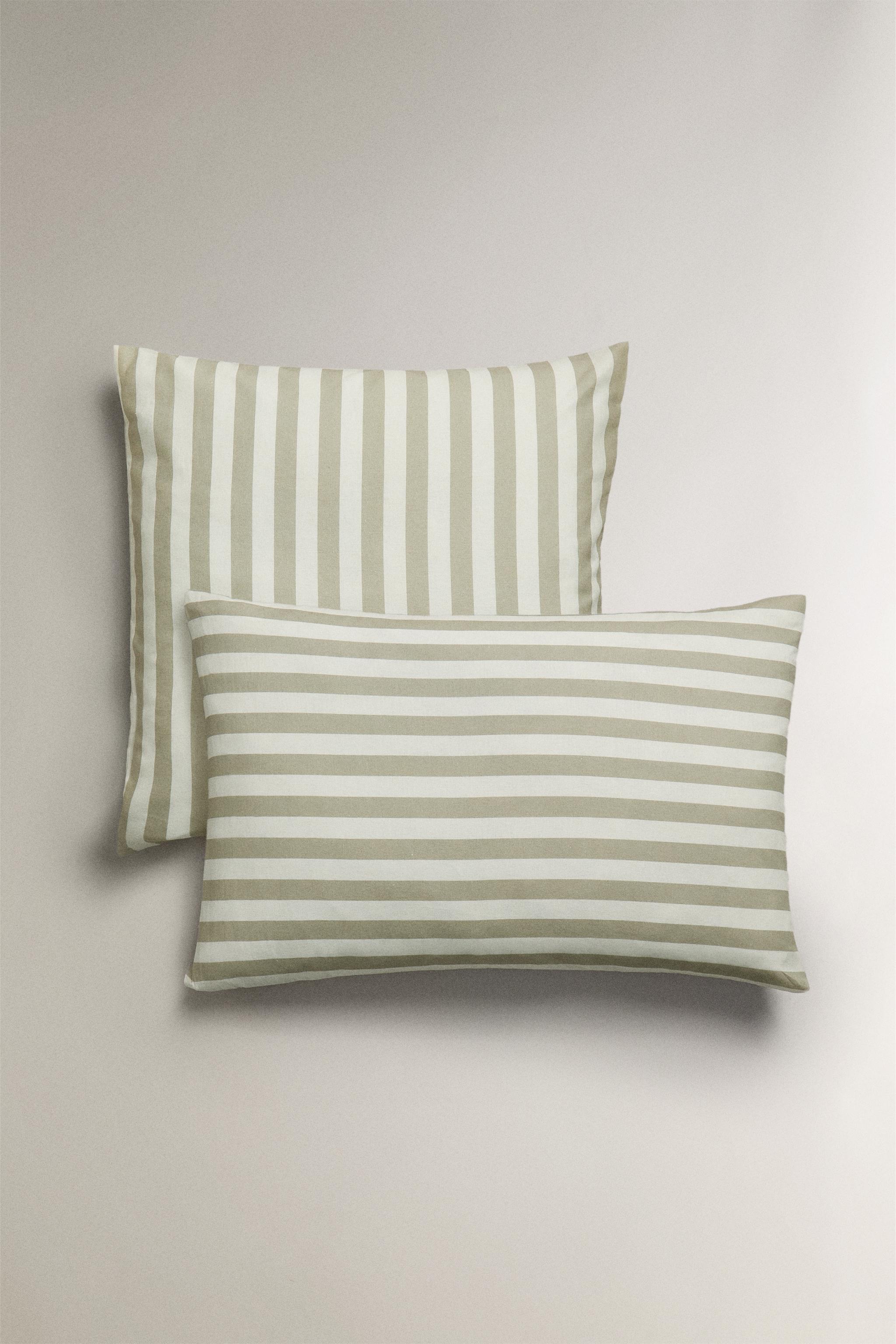 STRIPED COTTON LINEN PILLOWCASE Ecru Green ZARA Canada