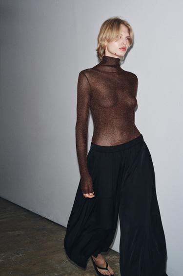 FINE KNIT METALLIC THREAD TOP - Brown by Zara