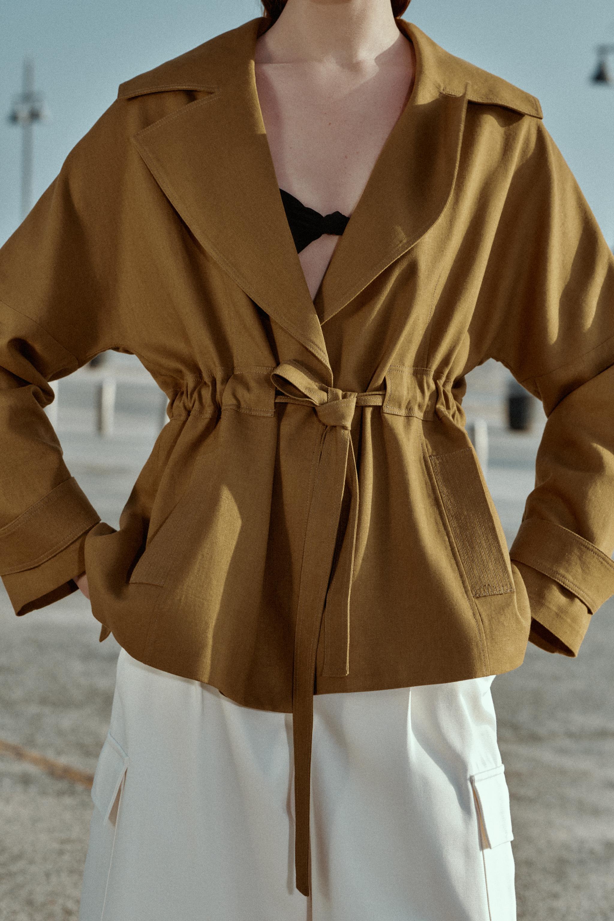 LINEN BLEND BELTED TRENCH JACKET
