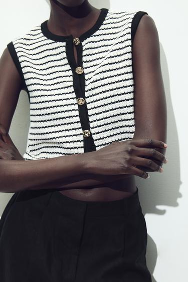 Zara 提花鈕扣背心上衣 - 藍色 / 白色