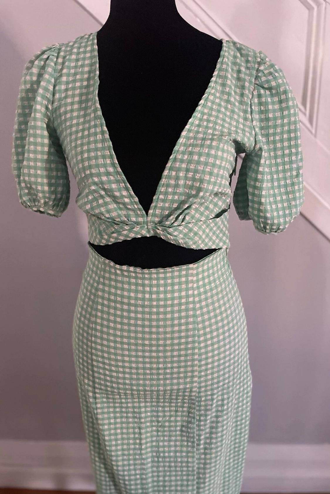 GREEN PUFF SLEEVES MIDI CUTOUT DRESS - Image 7