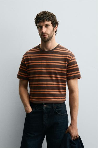 STRIPED JACQUARD T-SHIRT - Brown by Zara - Image 1
