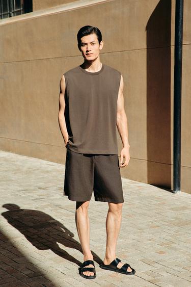 Zara 打褶紋理百慕達短褲 - 棕色