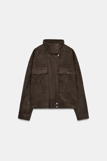 Zara OVERSIZE BOMBER JAKNA OD IMITACIJE BRUŠENE KOŽE – smeđa čokolada