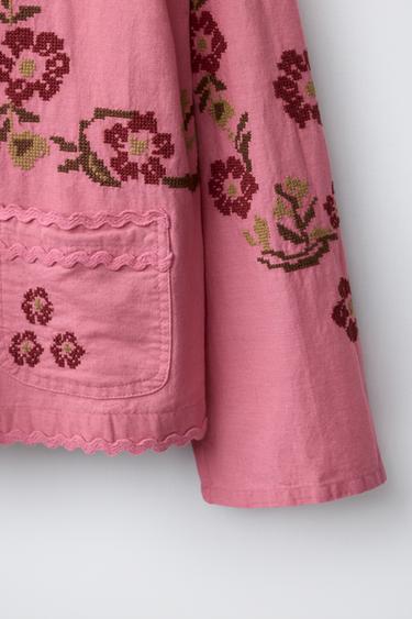 COTTON LINEN CROSS STITCH EMBROIDERED OVERSHIRT - Chalk pink by Zara - Image 3