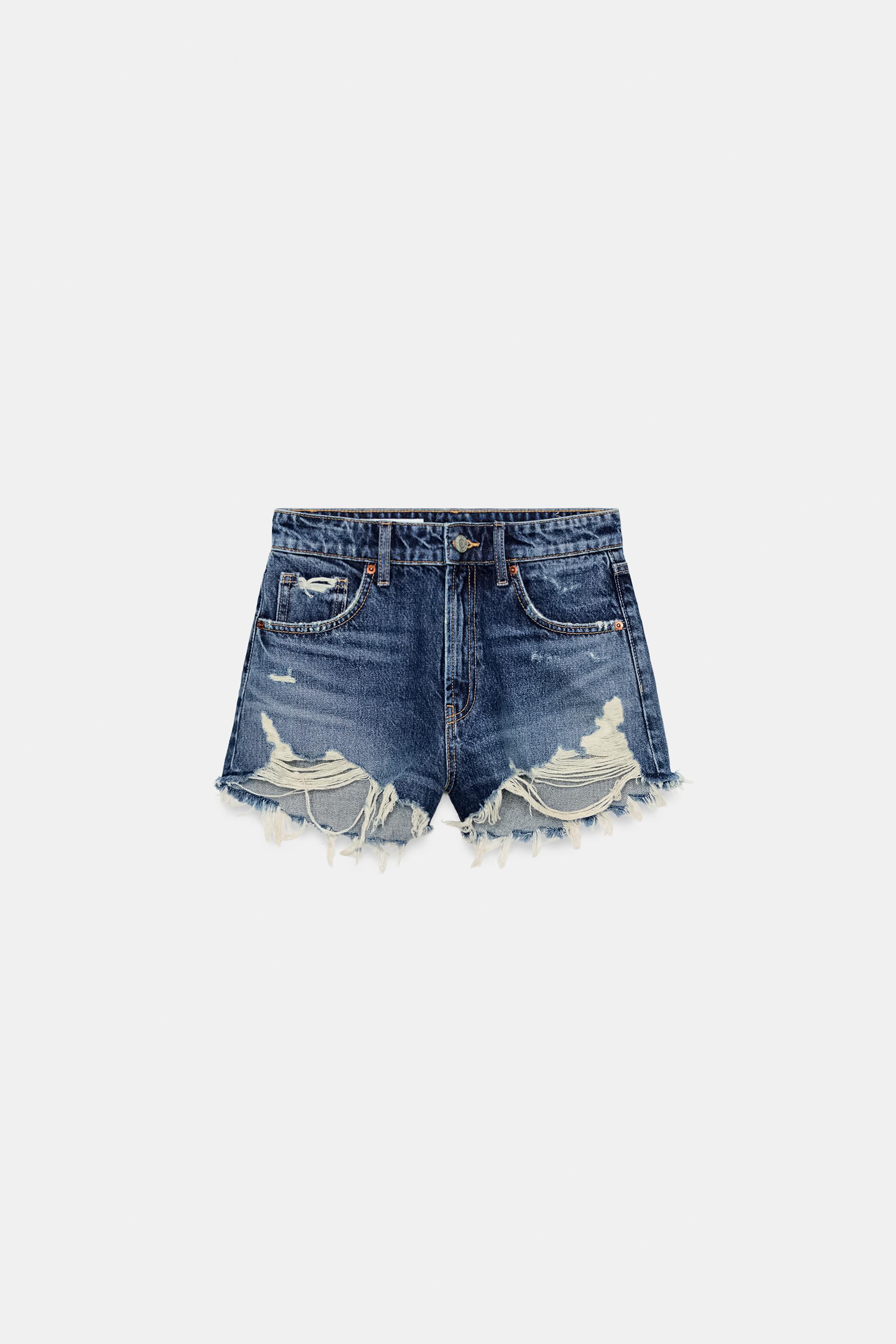 パンツ HIGH STRETCH PIQUE CUT OFF SHORTS TRF CURVED HIGH-WAIST DENIM SHORTS - Blue | ZARA Singapore