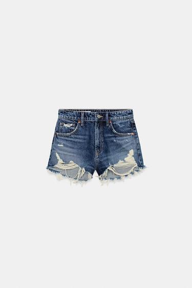 Zara TRF CURVED HIGH-WAISTED DENIM SHORTS - Navy blue