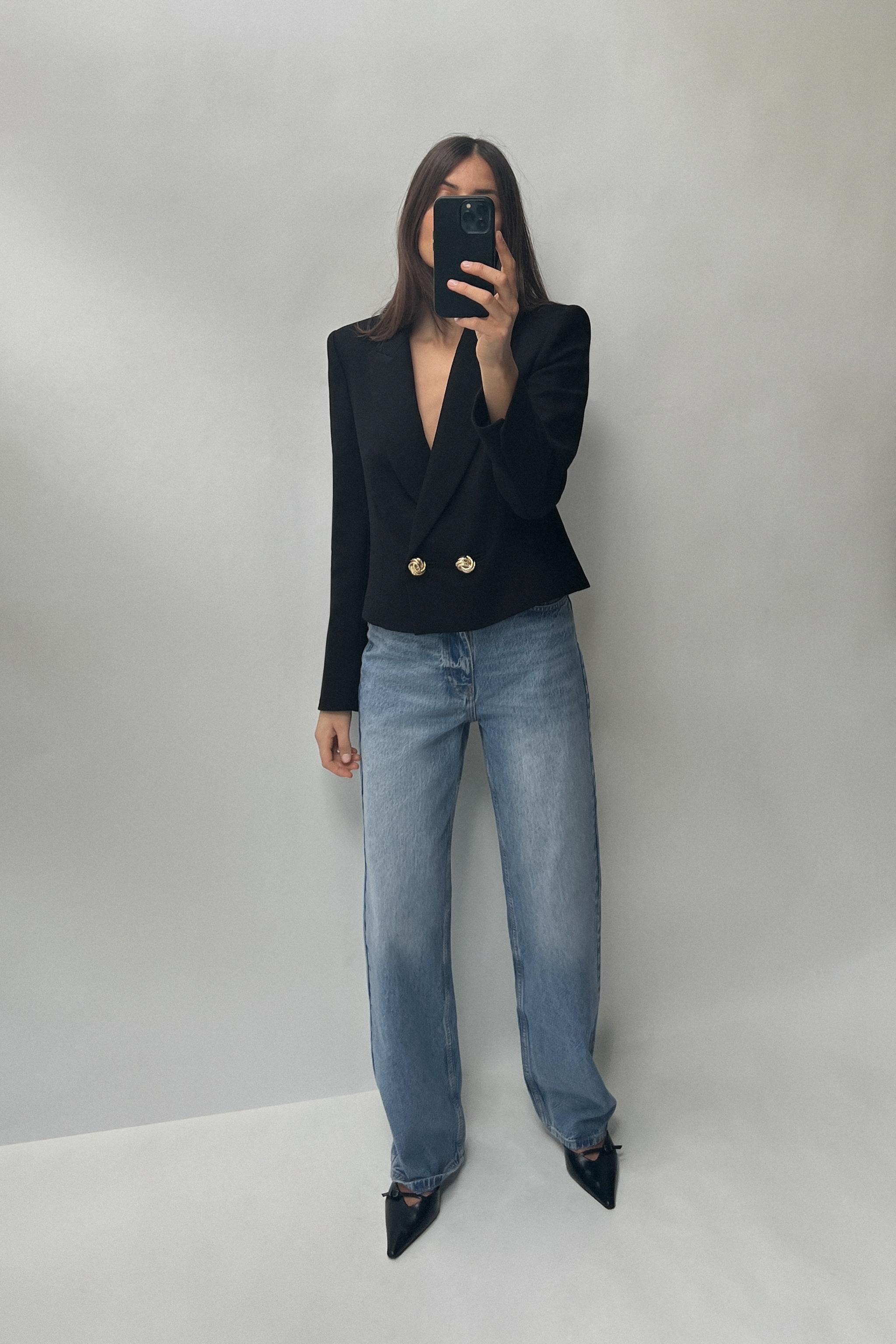 Zara brown blazer with black bodysuit and blue jeans Outfit