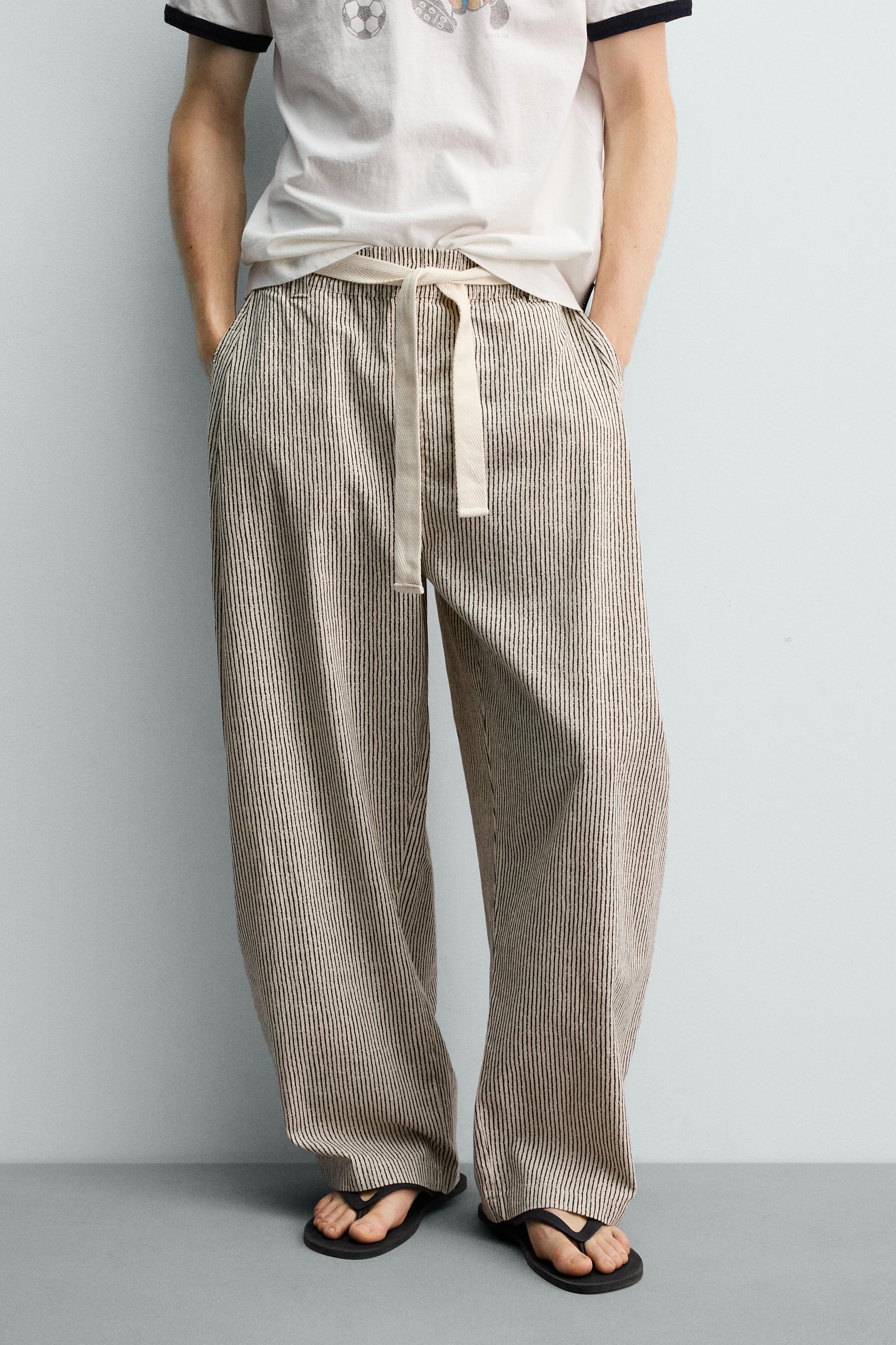 Мужские брюки Zara STRIPED WIDE FIT BELTED PANTS — фото 2