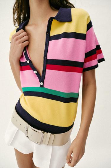 Zara STRIPED KNIT POLO TOP - Multicolored