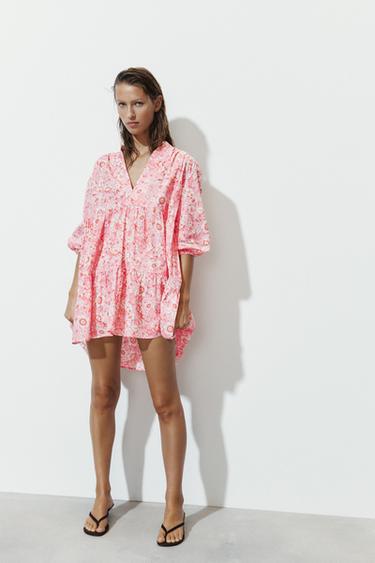 VESTIDO MINI ESTAMPADO - Rosa / Blanco de Zara