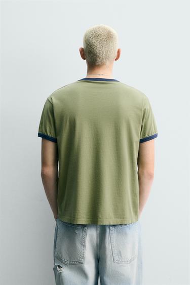 CONTRAST RIB WASHED-PRINT T-SHIRT - Khaki by Zara - Image 2