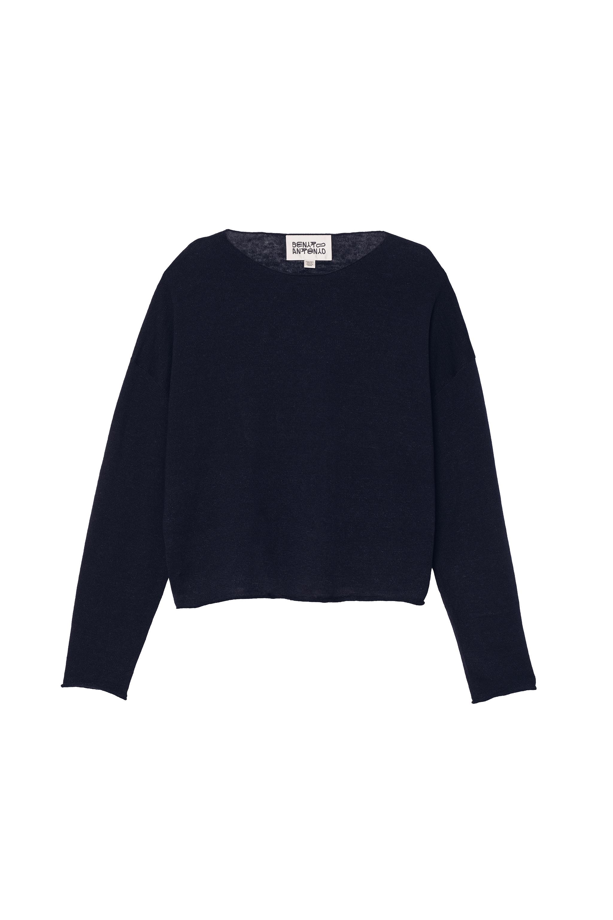 CROPPED FIT LINEN-WOOL BLEND SWEATER — Navy blue