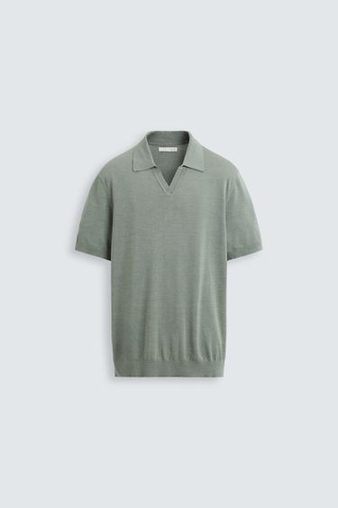 COTTON/SILK KNIT POLO SHIRT - washed green by Zara - Image 6