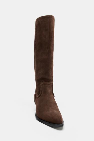 SPLIT SUEDE COWBOY HEELED BOOTS - Brown by Zara - Image 4