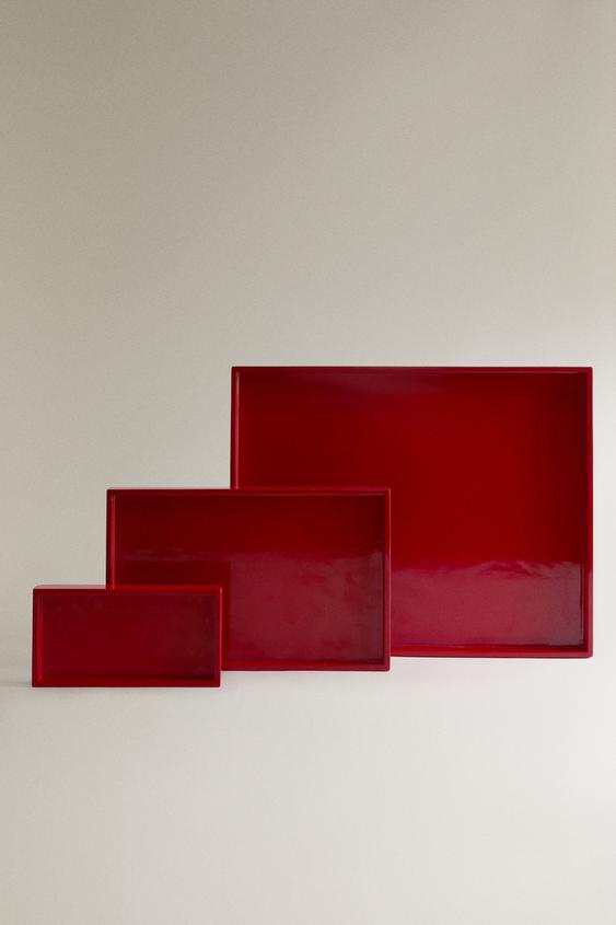 Zara LACQUERED WOODEN TRAY - Red - Image 0