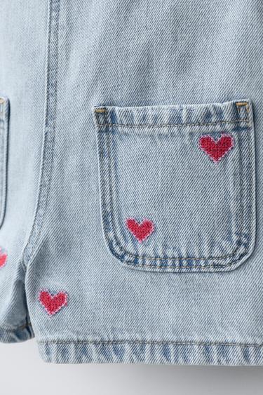 SALOPETTE EN JEAN CŒURS BRODÉS - Bleu de Zara - Image 3