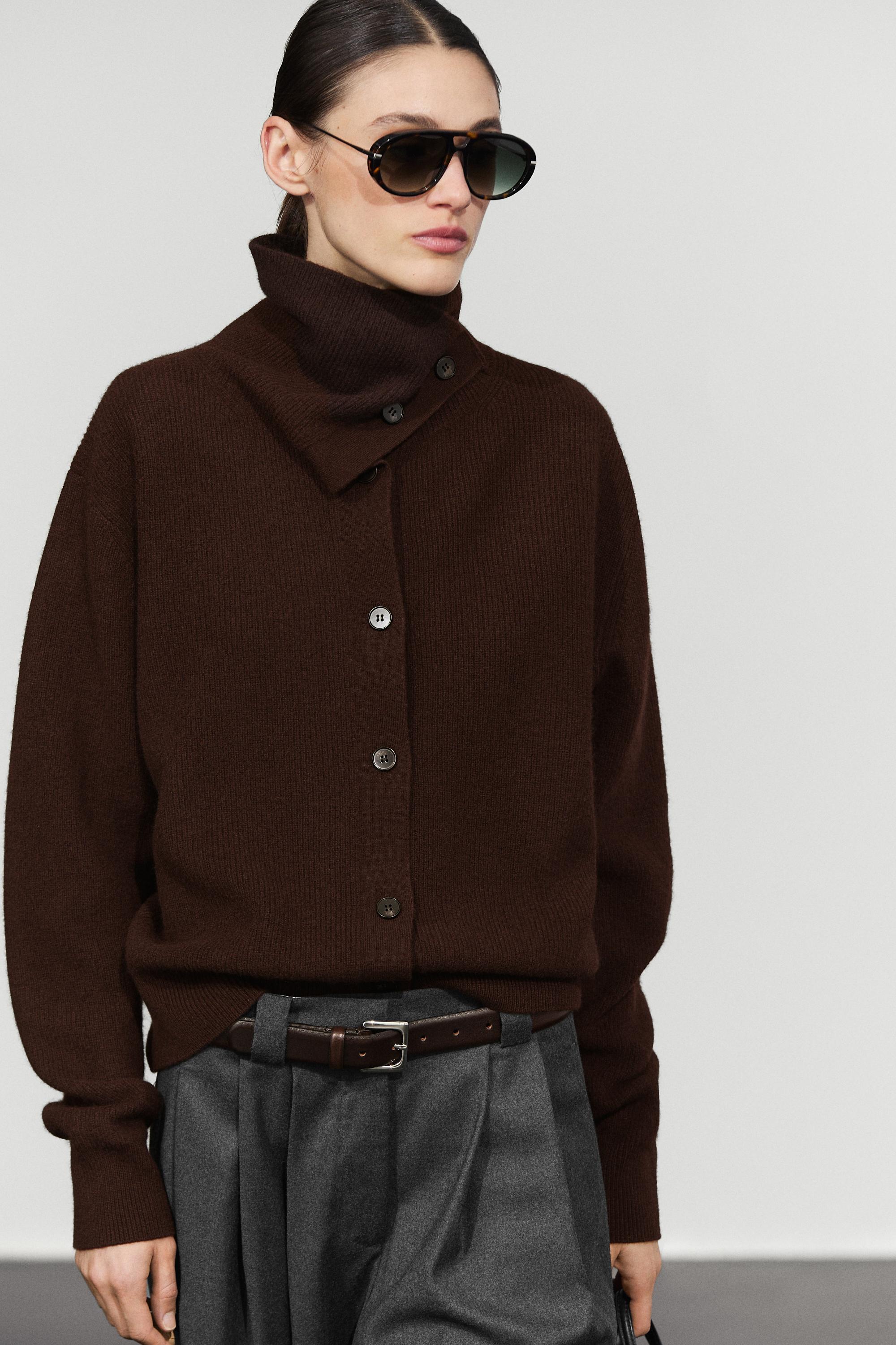 Purl knit funnel neck cardigan