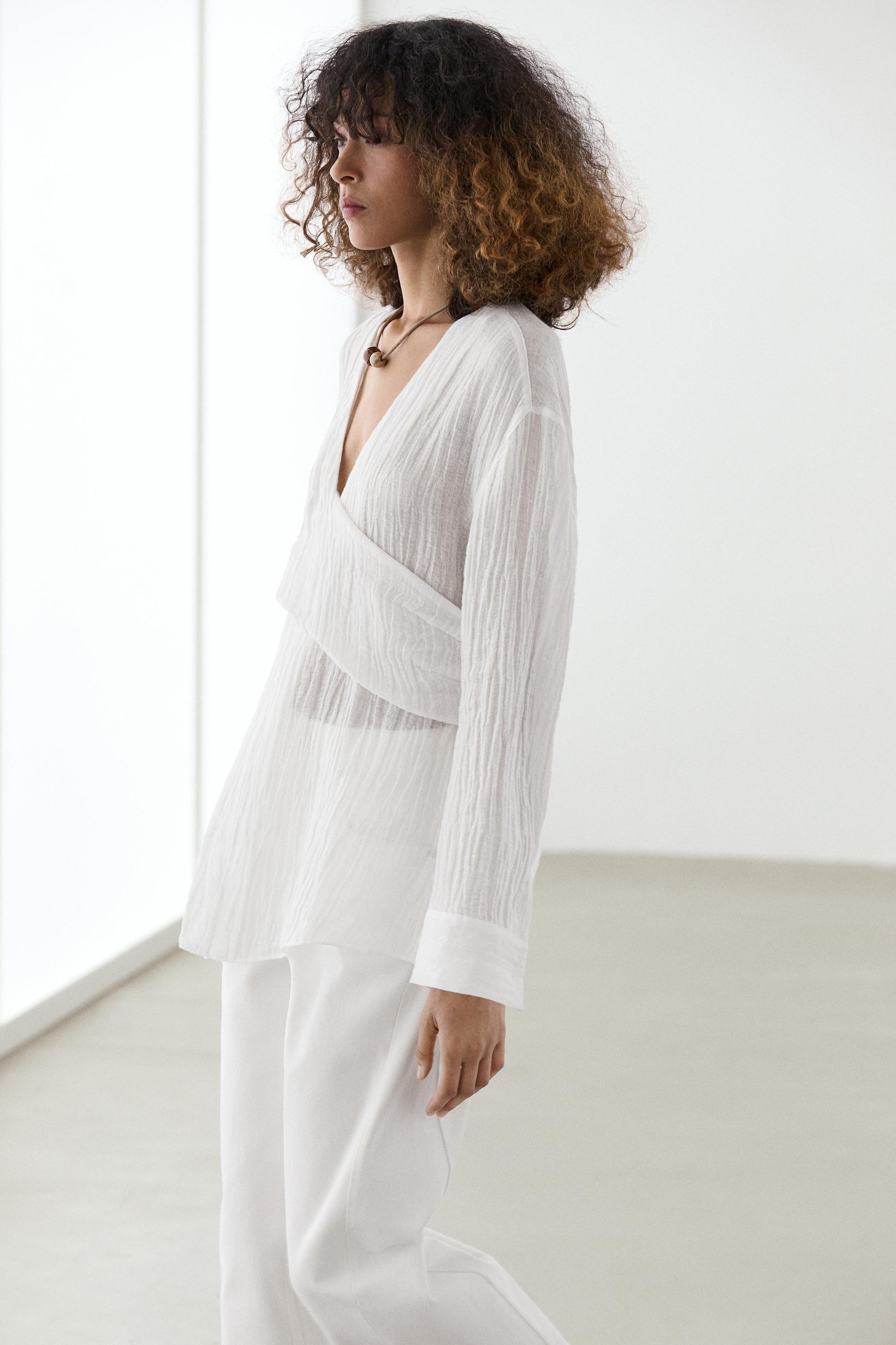 Linen blend blouse with sash belt