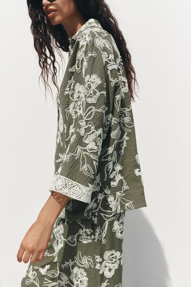 EMBROIDERED SHIRT WITH GUIPURE SLEEVES - ecru/khaki by Zara - Image 4