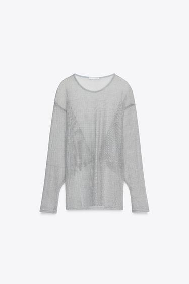 METALLIC THREAD BATWING SLEEVE TOP - Silver by Zara - Image 3