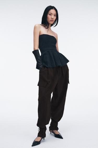 Zara TIED KNIT PEPLUM TOP - Navy blue