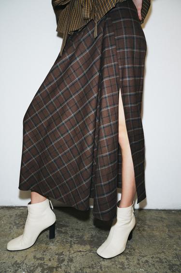 ZW COLLECTION DRAPED CHECK SKIRT - Brown by Zara - Image 1