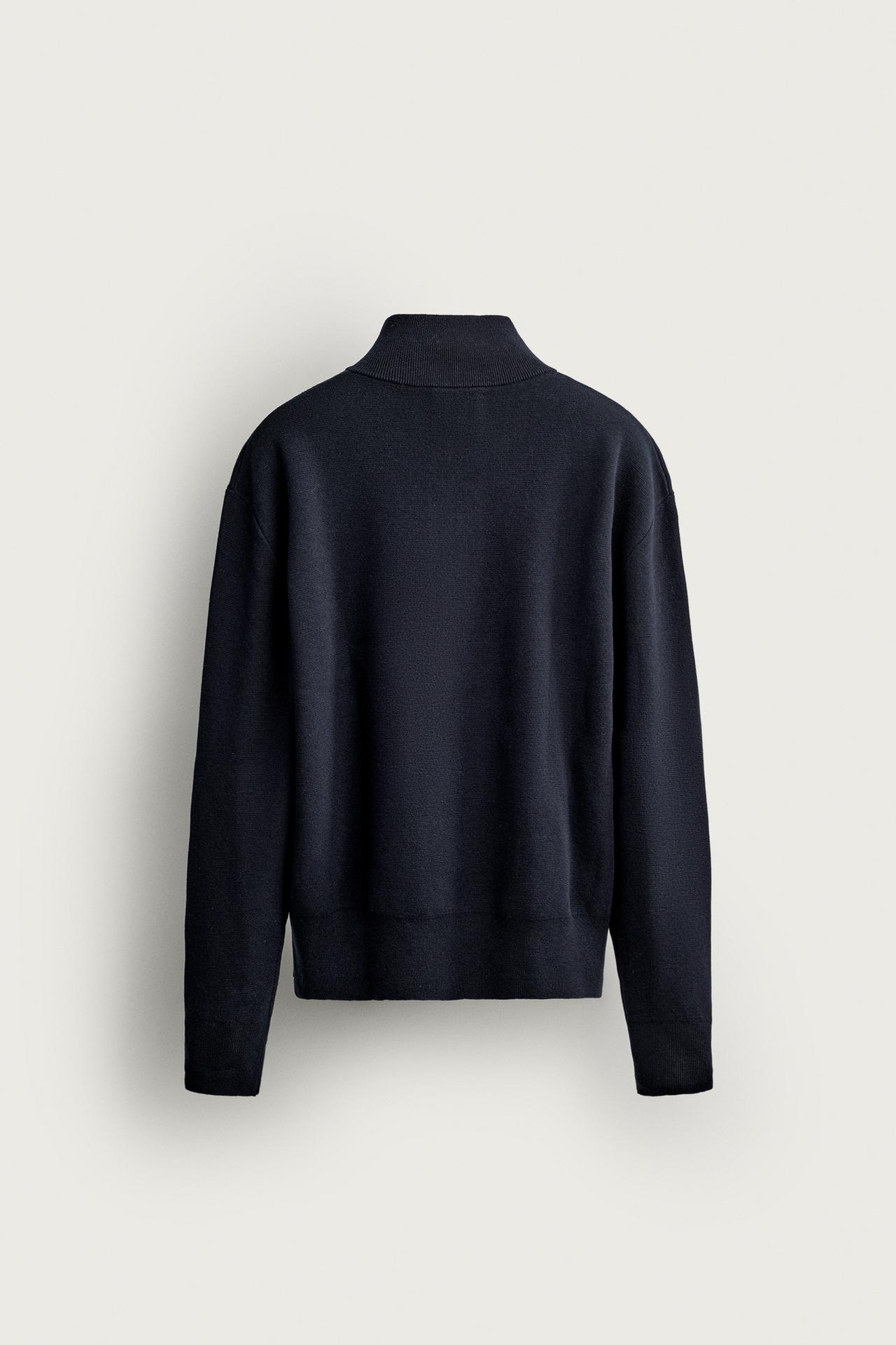 COTTON-WOOL QUARTER-ZIP SWEATER — Navy blue