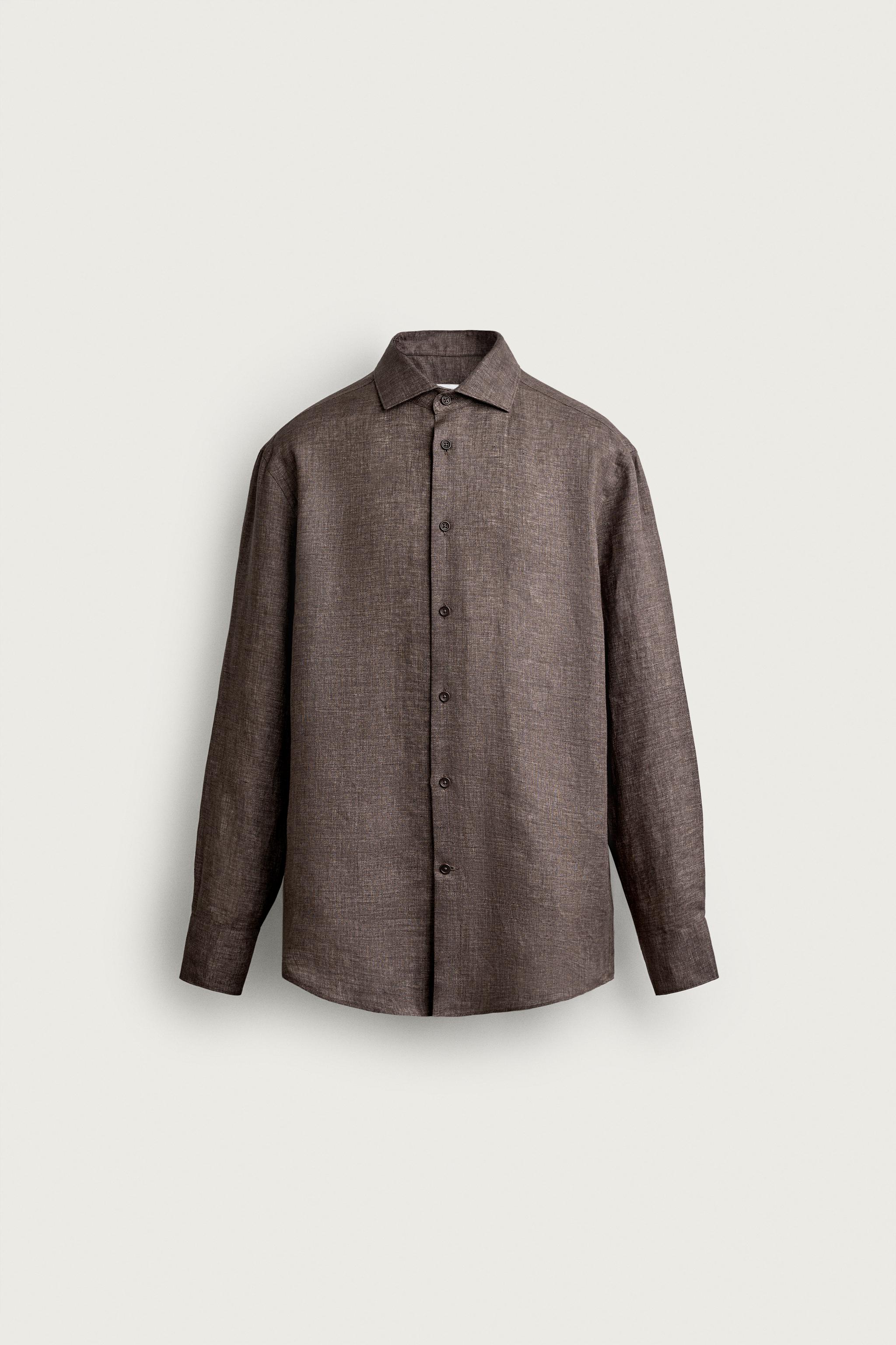100% LINEN REGULAR FIT SHIRT — Brown