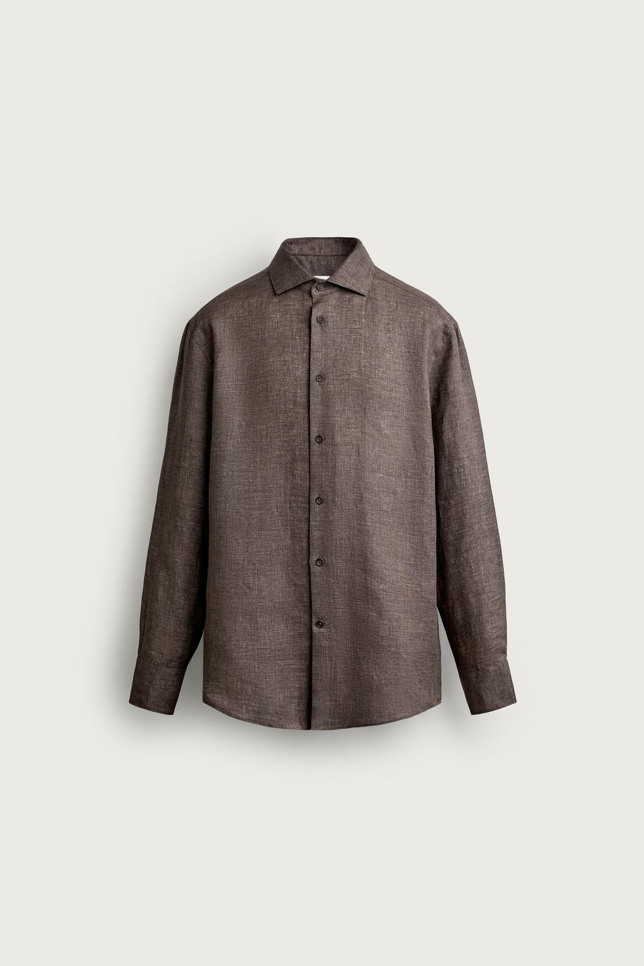 100% LINEN REGULAR FIT SHIRT — Brown