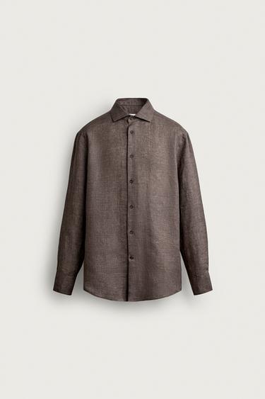 100% LINEN REGULAR FIT SHIRT - Brown by Zara