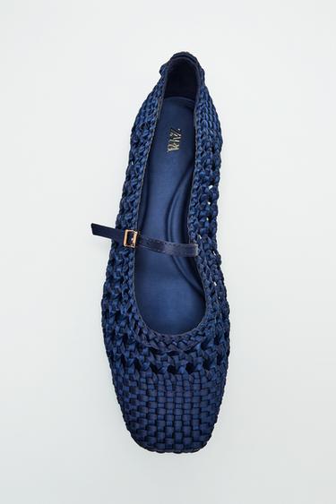 Zara BRAIDED BUCKLE BALLET FLATS - Blue