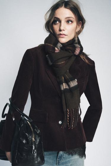 CHECK SCARF WITH FRINGING - Khaki by Zara - Image 0