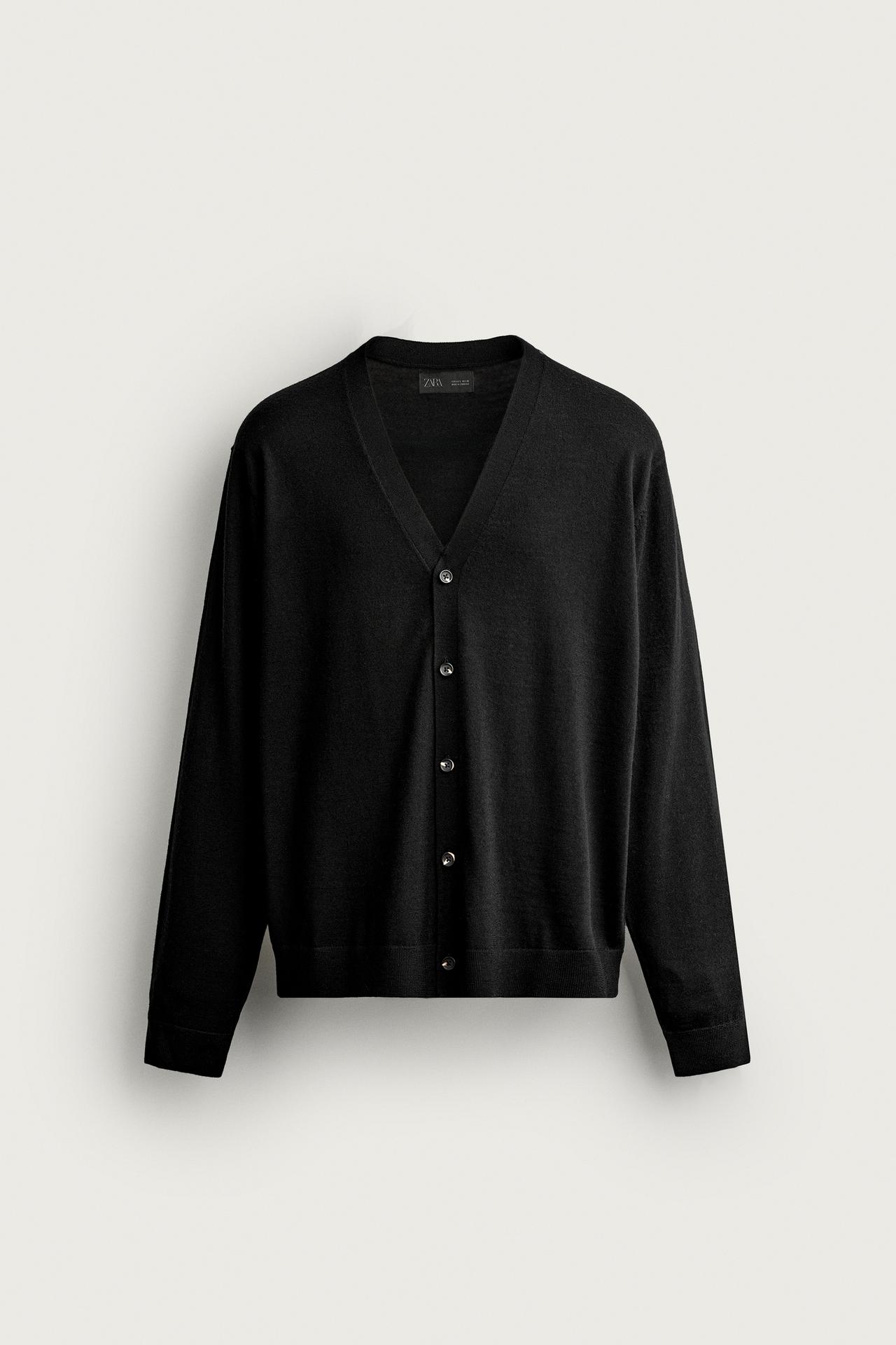 100% WOOL REGULAR FIT CARDIGAN — Black