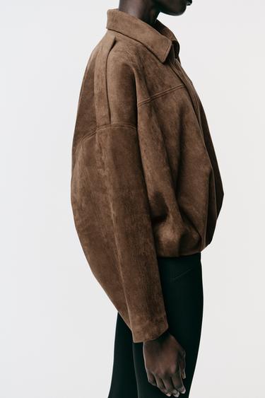 Zara FAUX SUEDE BOMBER JACKET - Chocolate