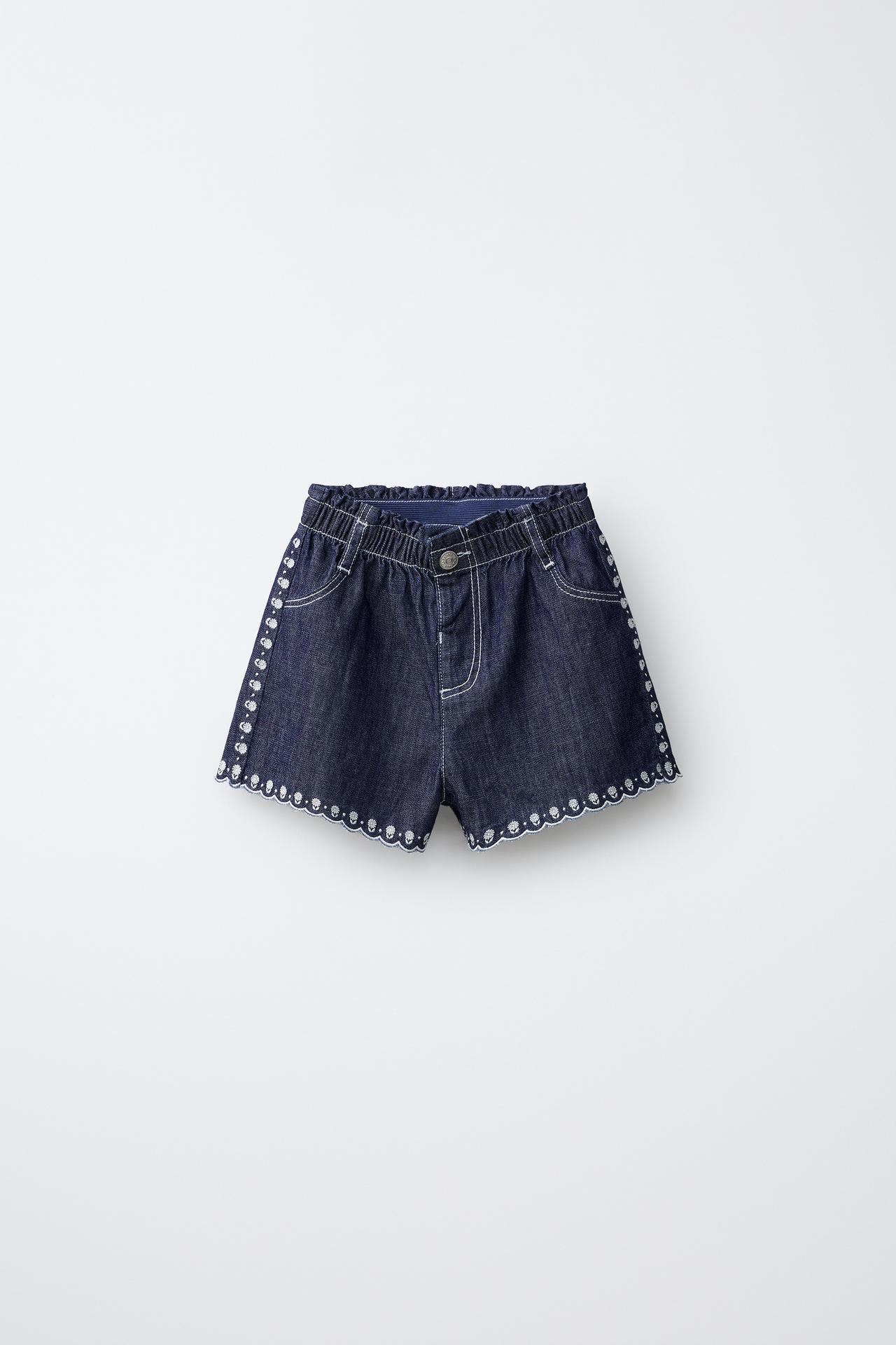 FLOWY EMBROIDERED FLORAL DENIM SHORTS — Blue