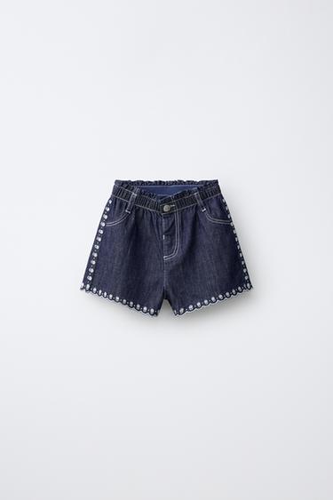 BERMUDA EN JEAN FLUIDE BRODÉE FLEURS - Bleu de Zara - Image 0