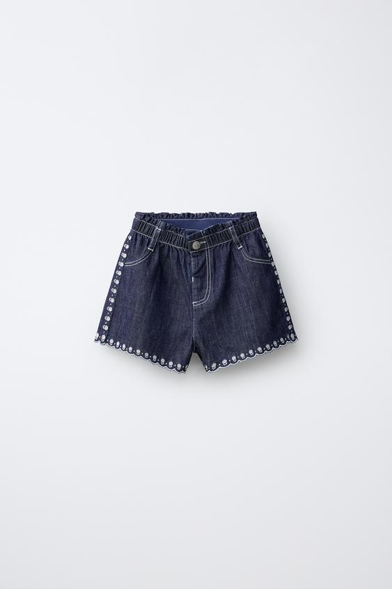 EMBROIDERED FLORAL LOOSE-FIT DENIM BERMUDA SHORTS - Blue by Zara - Image 0