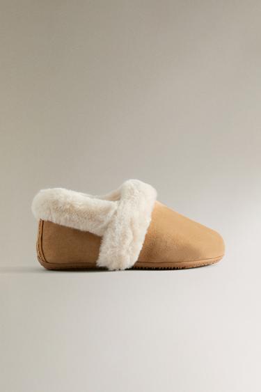 CHILDREN'S WARM LEATHER SLIPPERS - Brown by Zara