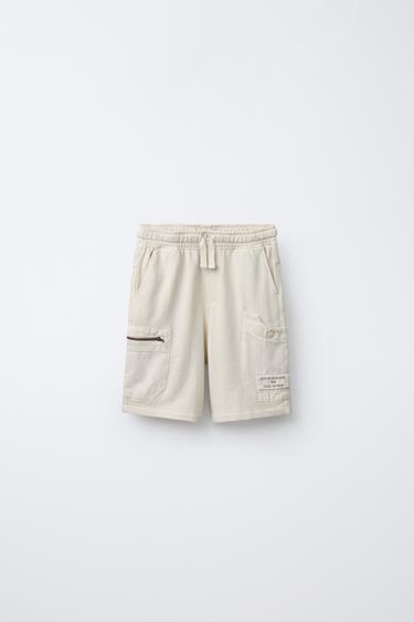 Zara WASHED EFFECT PLUSH CARGO SHORTS - Ecru