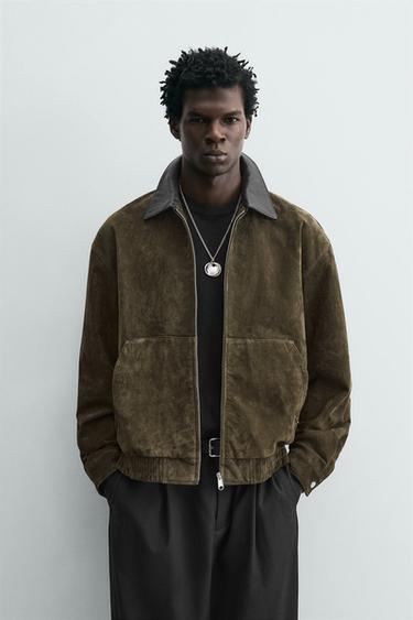 CAZADORA PIEL ANTE CUELLO COMBINADO - Verde de Zara